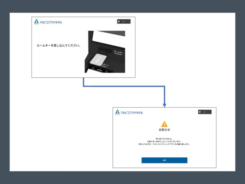 ※エラーメッセージが表示される場合は、お手数をおかけしますが、フロントでチェックアウトをお願い致します。